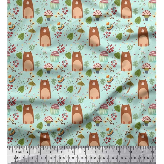 Soimoi Green Cotton Cambric Fabric Teddy Bear & Leaves Kids Fabric Prints By Yard 42 Inch Wide