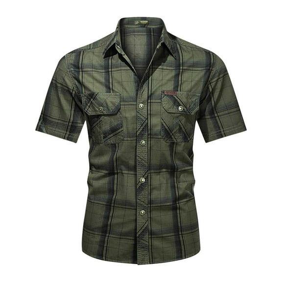 ALLLIST with Pockets Mens Shirts Short Sleeve Cotton Button Down Shirts Plaid Casual Green Clothes for Men