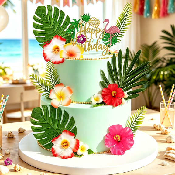 Sunset Glow Hawaii Cake Decoration Set - 13 Tropical Party Decorations, Perfect for Birthdays or Beach Vacation Parties