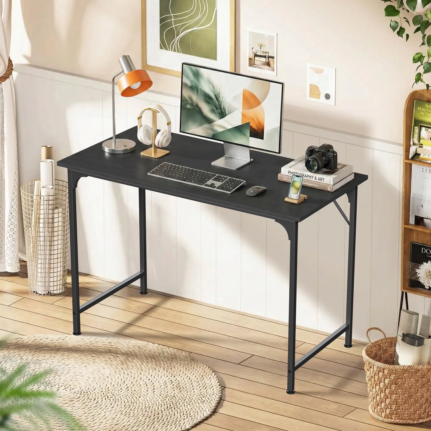 NiamVelo 39 In Computer Desk, Study Writing Table for Small Space, Save Space Office Desk with Metal Legs, Modern Steel Frame Wood PC Workstation for Home Office, Black