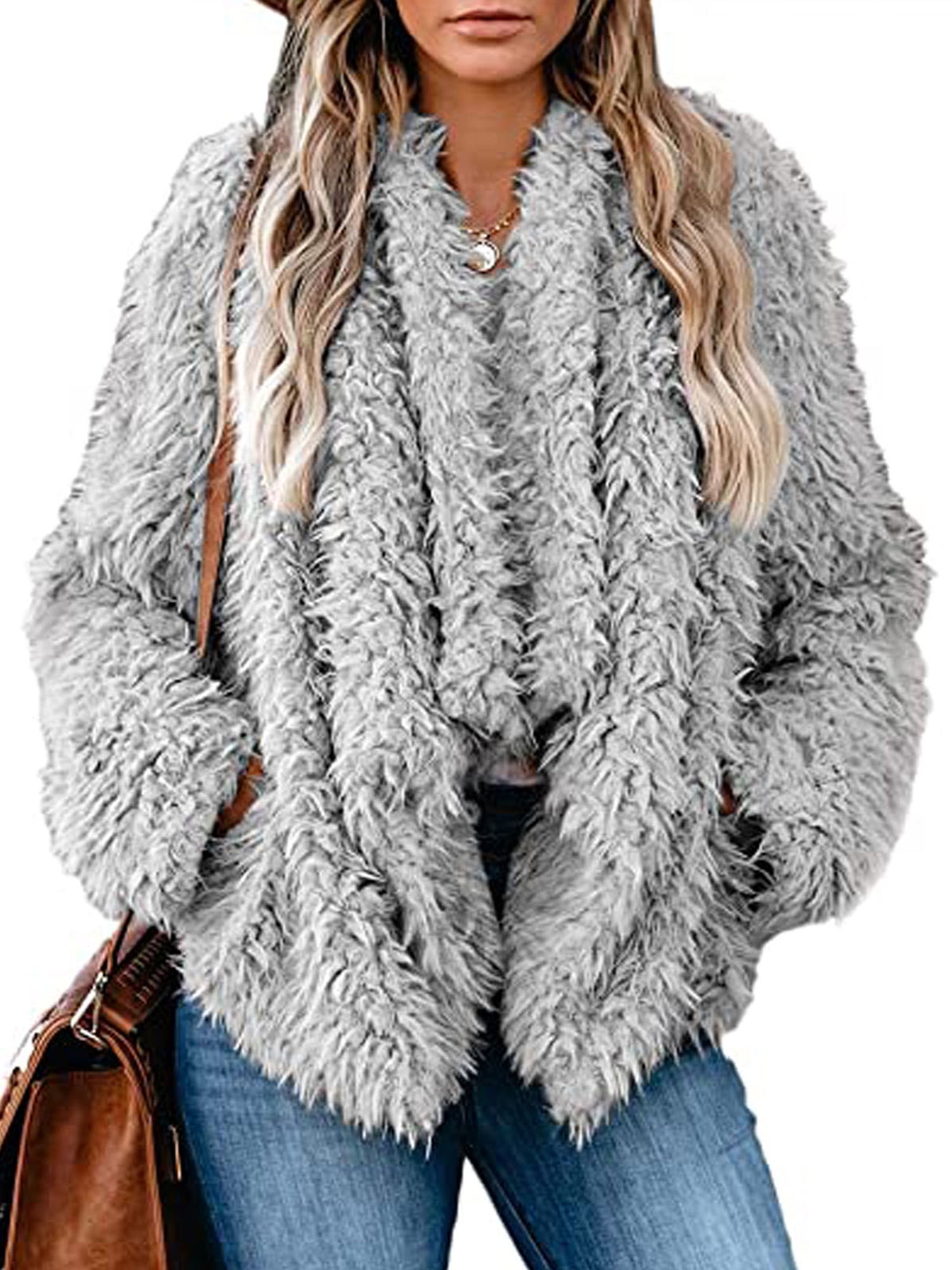 Women Long Sleeve Teddy Bear Jacket Coat Winter Warm Fluffy Outwear Cardigan With Pockets 