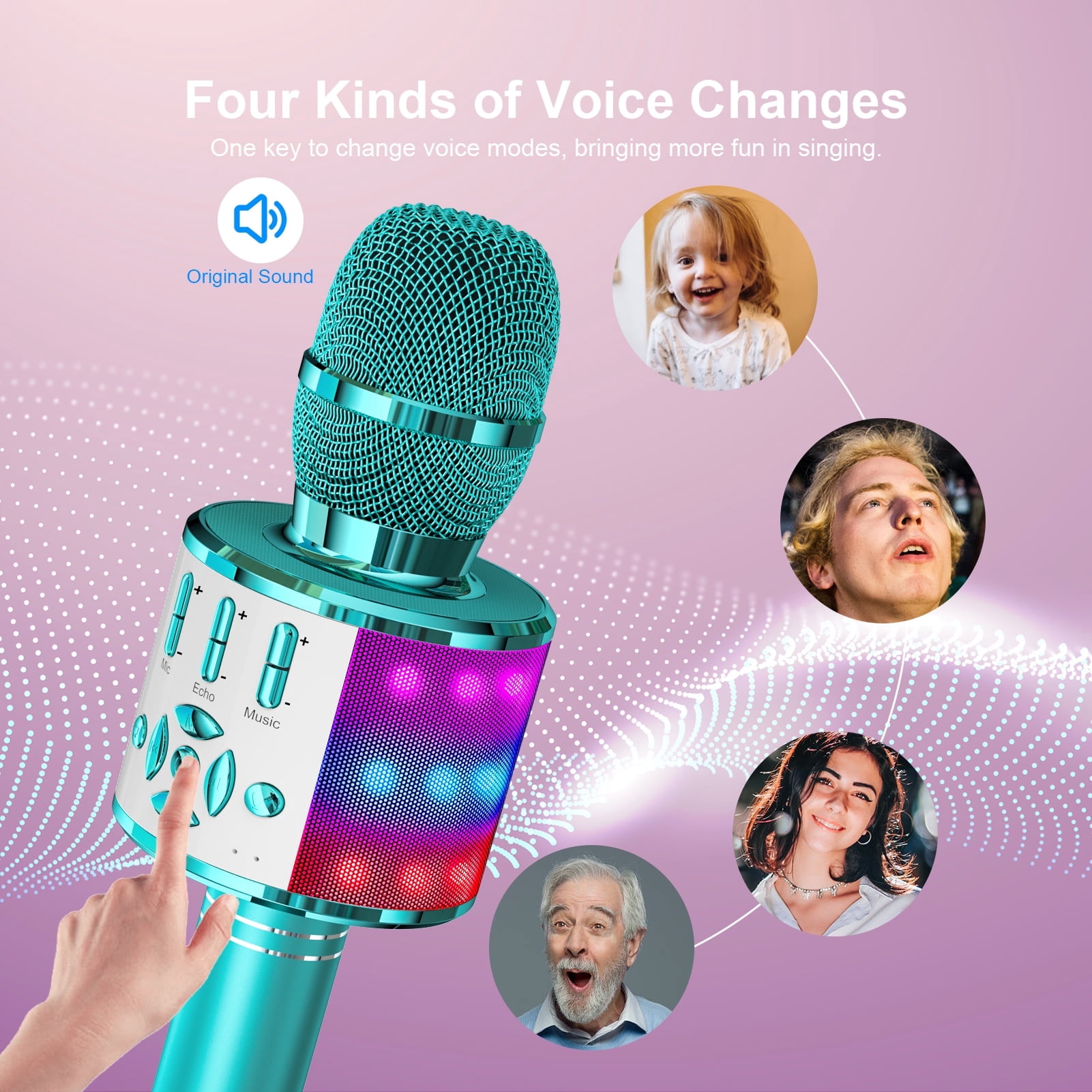 Wireless Karaoke Microphone for Kids, Portable Handheld Karaoke Machine with LED Lights, Children's Day Birthday Gift for Girls Boys (Light Blue)