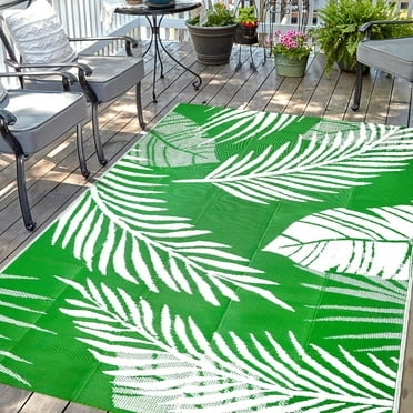 Waterproof Outdoor Rug 5x8ft, Green Leaf Reversible Plastic Straw Mat for Patio RV Deck Porch Backyard Balcony Camping Picnic Beach Indoor Outdoor Carpet, Green&White Visit the DiiKoo Store