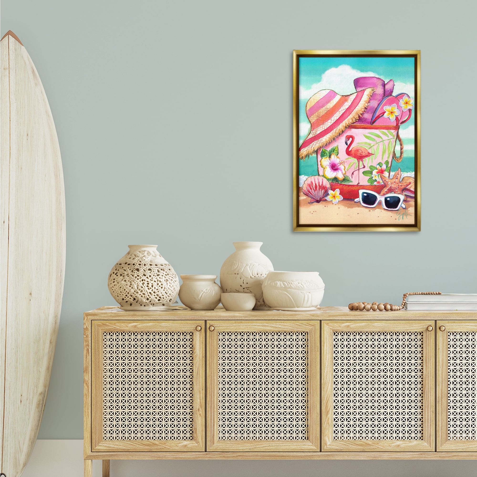 Stupell Industries Floral Beach Bag Nautical & Beach Painting Gold Floater Framed Canvas Art Print Wall Art, 21 x 31