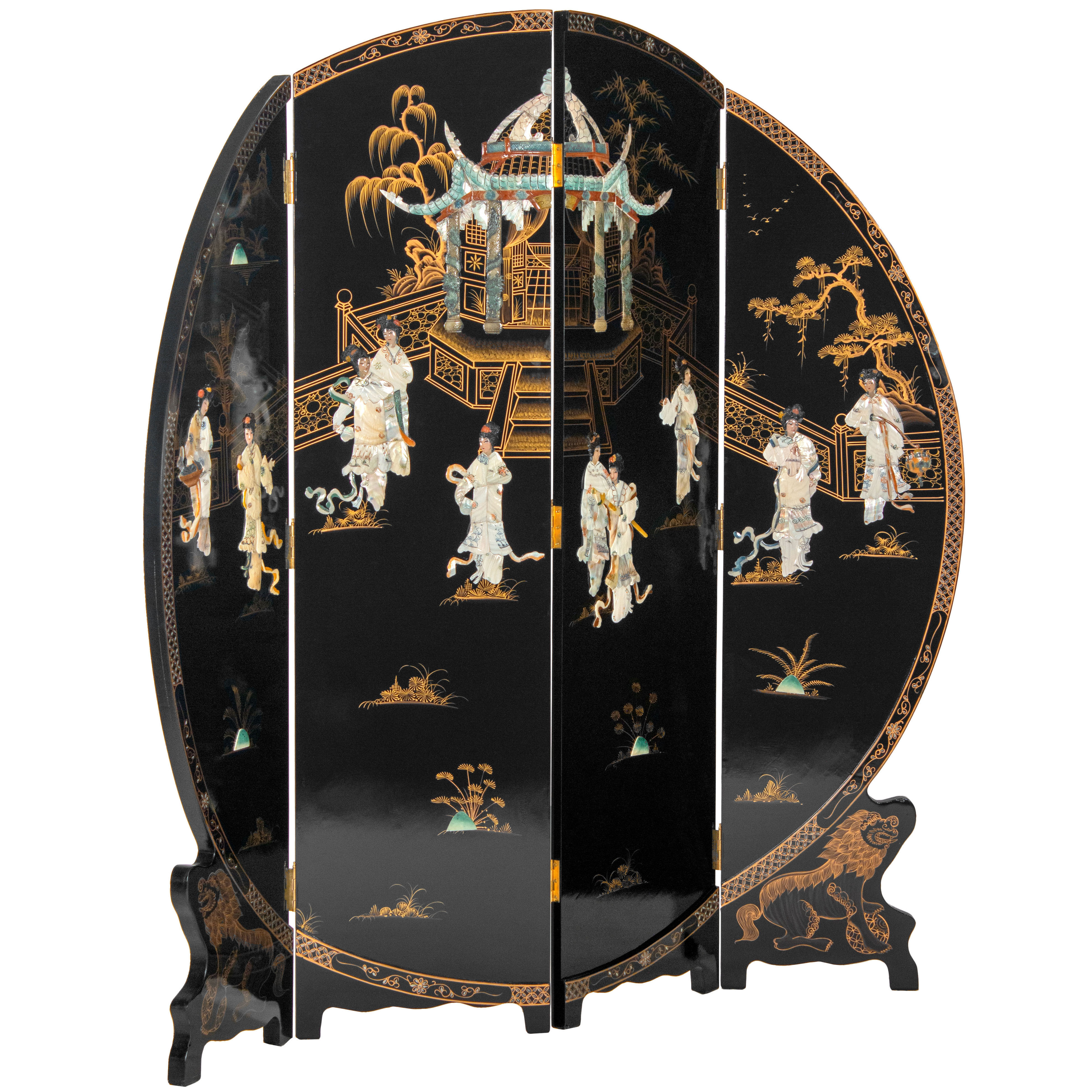 Oriental Furniture 6 ft. Tall Black Lacquer Round Room Divider - Royal Ladies