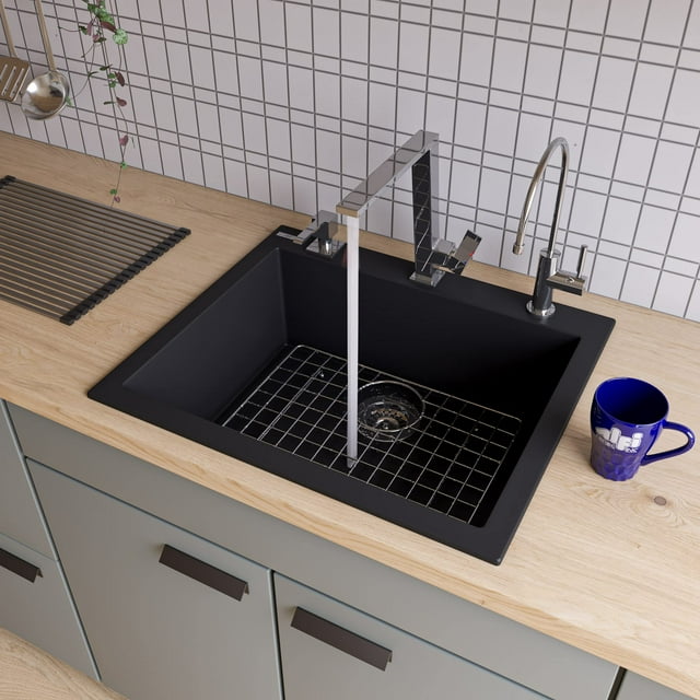 ALFI brand AB2420DI-BLA Drop-In Single Bowl granite composite Kitchen Sink 24 Black