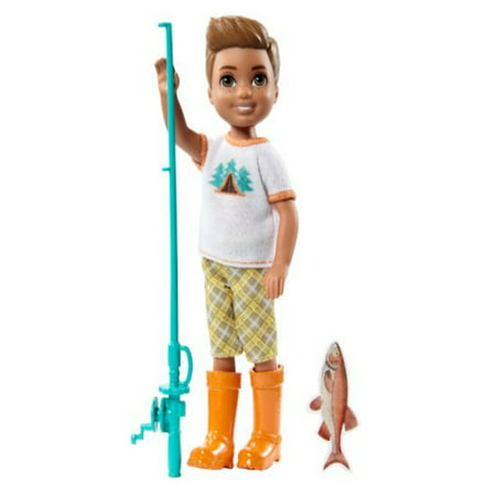 Barbie Camping Fun Boy w/Fishing Pole, Boy doll is camping cool wearing a white t-shirt with colorful graphic, yellow and gray plaid shorts and orange boots By FisherPrice Ship from