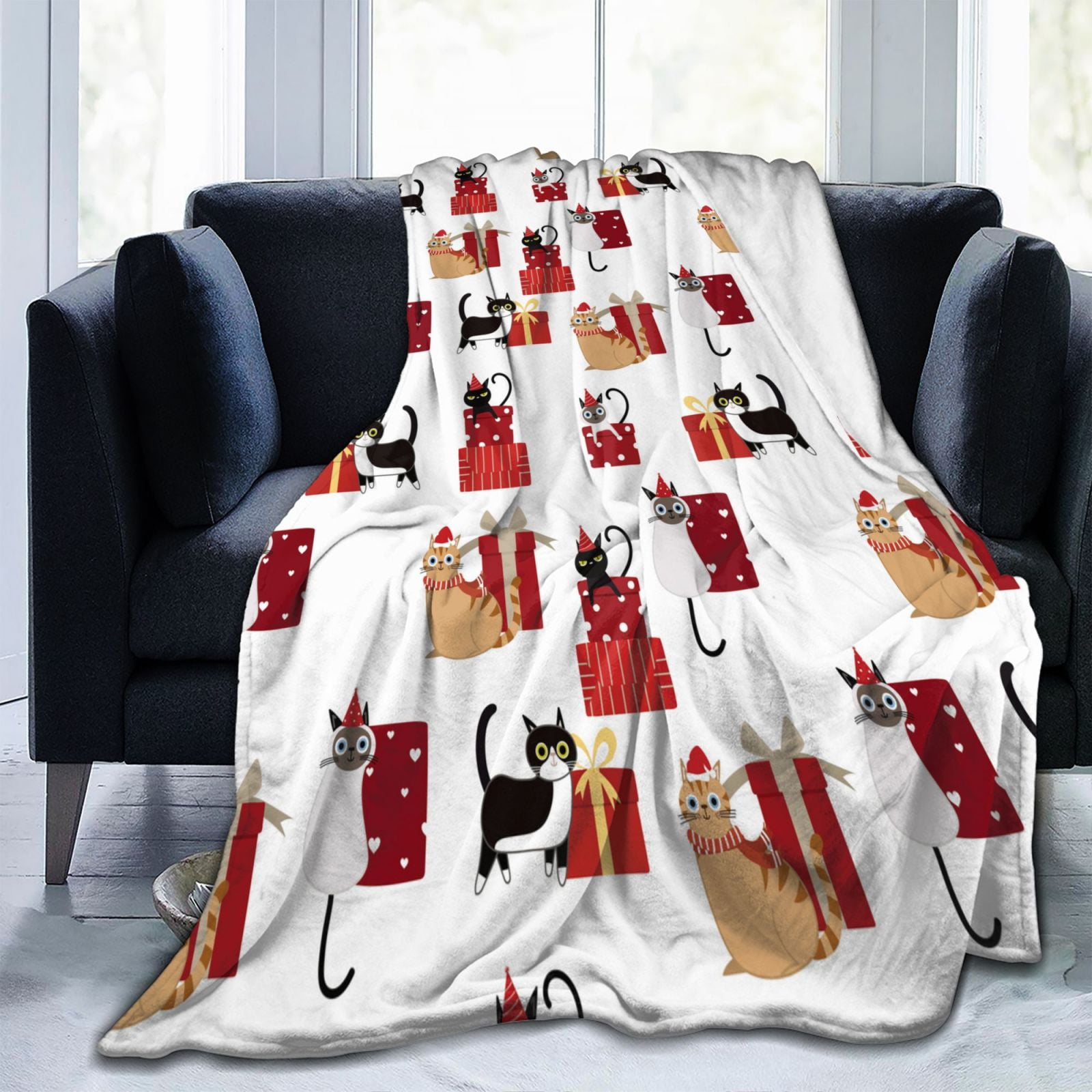 Rateoe Cute Cat And Christmas Gift Print Fuzzy Fleece Throw Blanket Extra Large,Super Soft,Fluffy and Warm Blankets for Couch,Bed,All Season Use (40"x30")