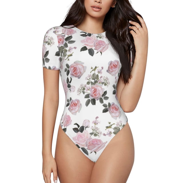 Balery Rose Flowers Body de cuello redondo de manga corta para mujer Tops de manga corta Tops básicos-X-Large