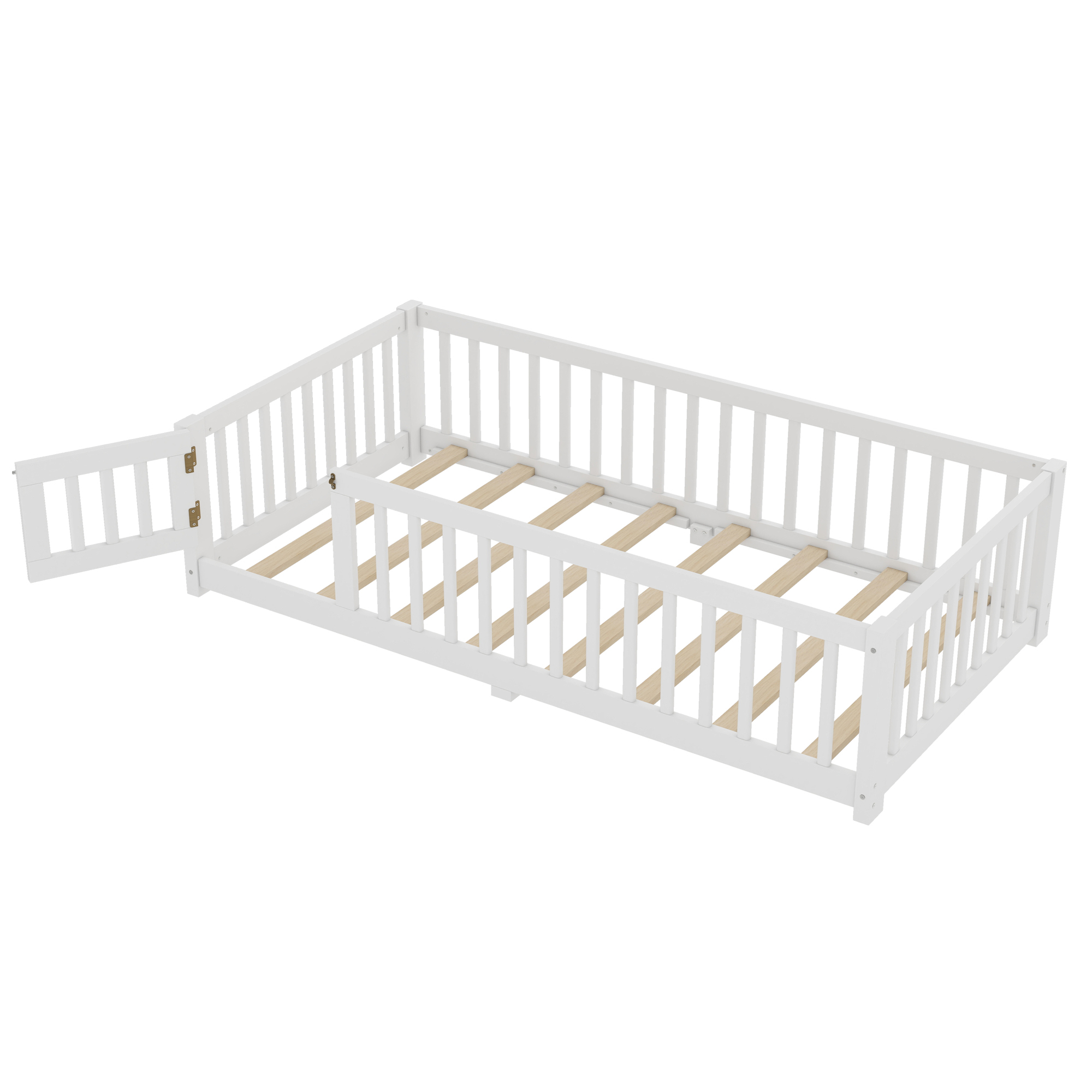 Jopath Twin Size Floor Bed Frame,Montessori Bed with Guardrails and Door,with Slatted Base,for Kids,Boys,Girls,White