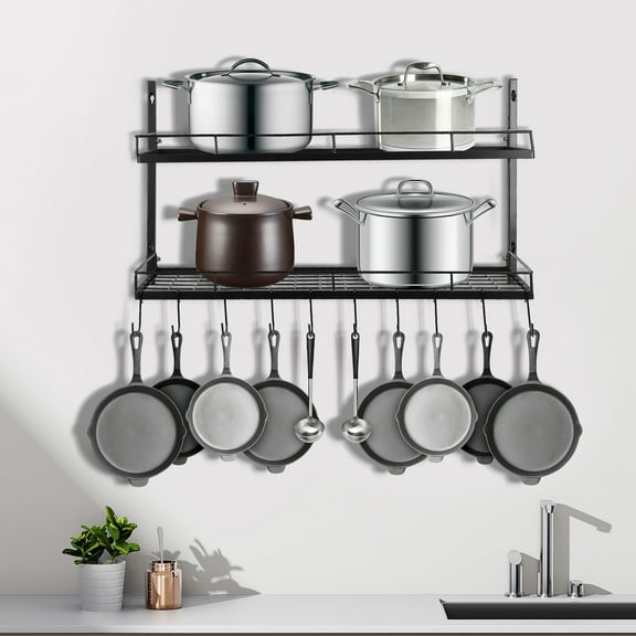 Wall Mount Pot Rack 2-Tier with 10 Hooks, Adjustable Kitchen Storage Shelf 35LB Capacity per Layer, Black Iron 16.1 Inch