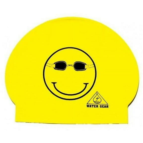 WATER GEAR Latex Swim Cap - Happy Face Black on Yellow
