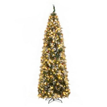 9ft Warm White LED Pencil Christmas Tree with 460 Lights, 1298 Branches, 91 Pine Cones & Berries - Perfect for Holiday Home Decor
