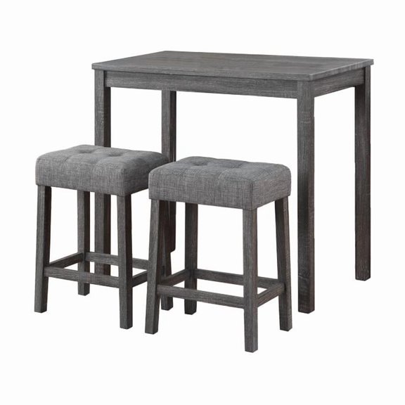 Lux Gray Finish Wood 3 Piece 42"W Pub Table Set with Tufted Gray Linen Stools