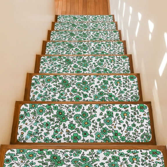 Sage Green Floral Stair Treads Non Slip for Steps Botanical Farmhouse Nature 7 Pcs Reusable Adhesive Stair Runner Mats for Dogs Elders Carpet Treads Rugs for Staircase 8x30 In