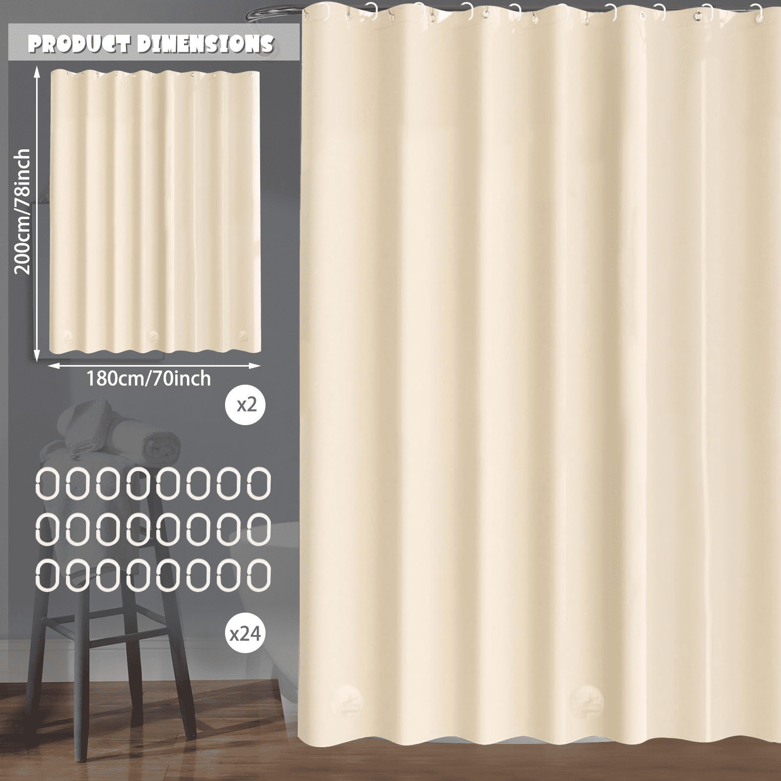 Dznils Extra Long Beige PEVA Shower Curtain Liner with Hooks Mildew Resistant, 72" W x 78" H, 2 Pack