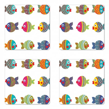 

Ethnic Coaster Set of 4 Boho Featured Ornate Fishes Gills Under the Sea Childish Kids Nursery Theme Square Hardboard Gloss Coasters Standard Size Multicolor by Ambesonne