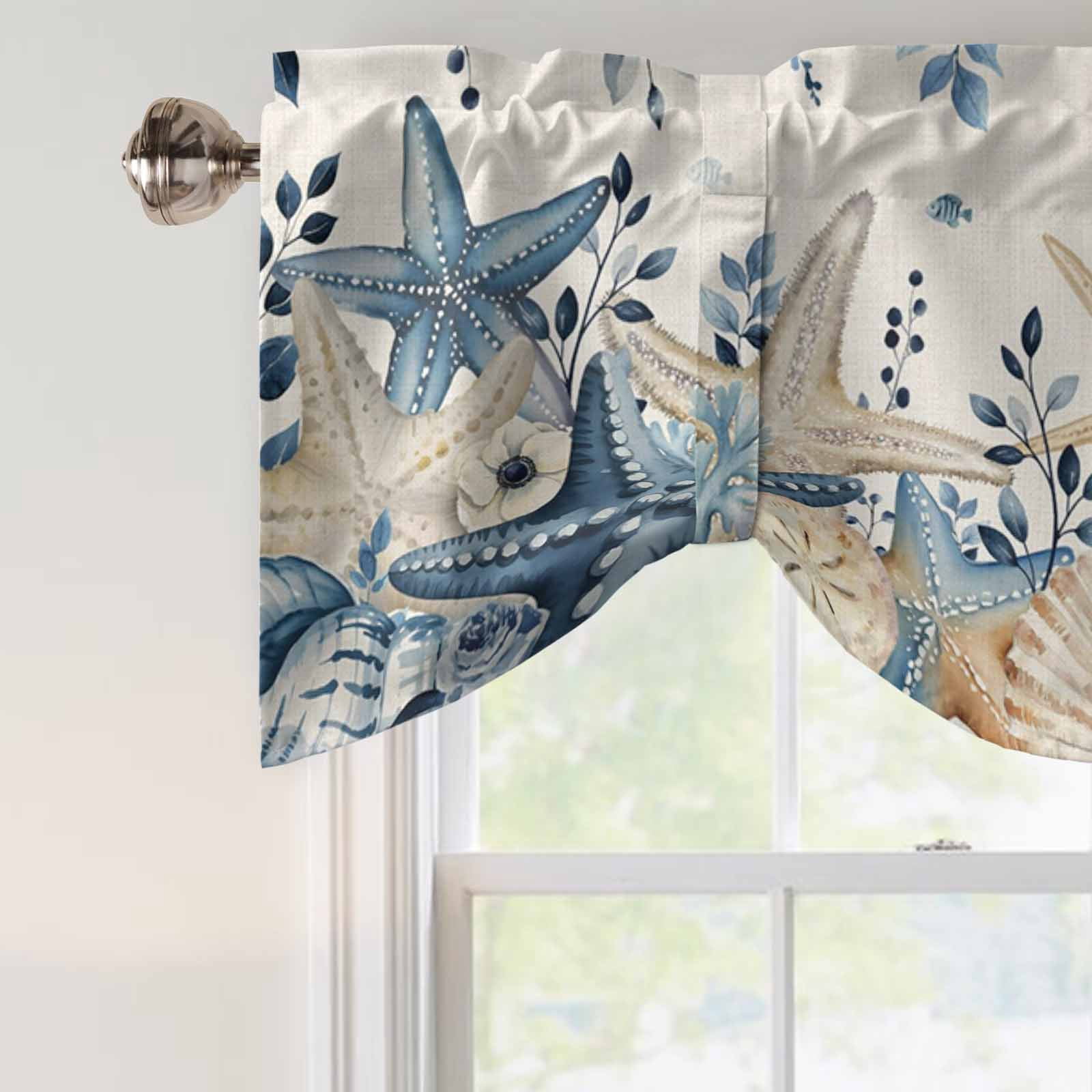 Coastal Tie Up Valances Curtain, Adjustable Kitchen Ocean Blue Beige Starfish Shells Leaves Retro Linen Valances for Windows Decor, Rod Pocket Short Curtains Set for Bedroom/Bathroom, 60"x18"