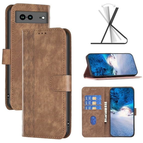 ELEHOLD Wallet Case for Google Pixel 7a, Embossed Pattern Flip Folio Card Slots Kickstand Magnetic Clasp Premium Leather Wallet Case for Google Pixel 7A,Brown