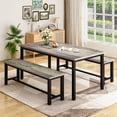 thumbnail image 5 of LinkRomat 3 Piece Dining Room Table Set for 4, 47" Farmhouse Dining Table with Benches, Rectangular Kitchen Sets for Small Space, Apartment, Restaurant, Grey & Black, 5 of 10