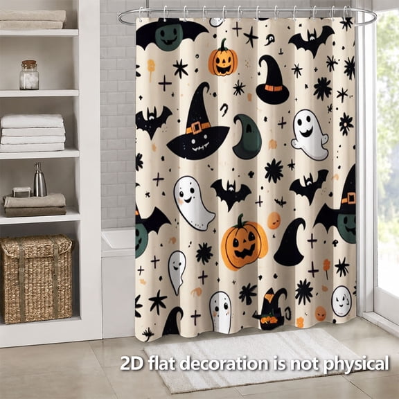 Hoease Halloween Ghost Pumpkin Witch Hat Shower Curtain, 71W x 71L Inch Waterproof Fabric Bathroom Curtain with 12 Hooks, Spooky Halloween Bath Decor
