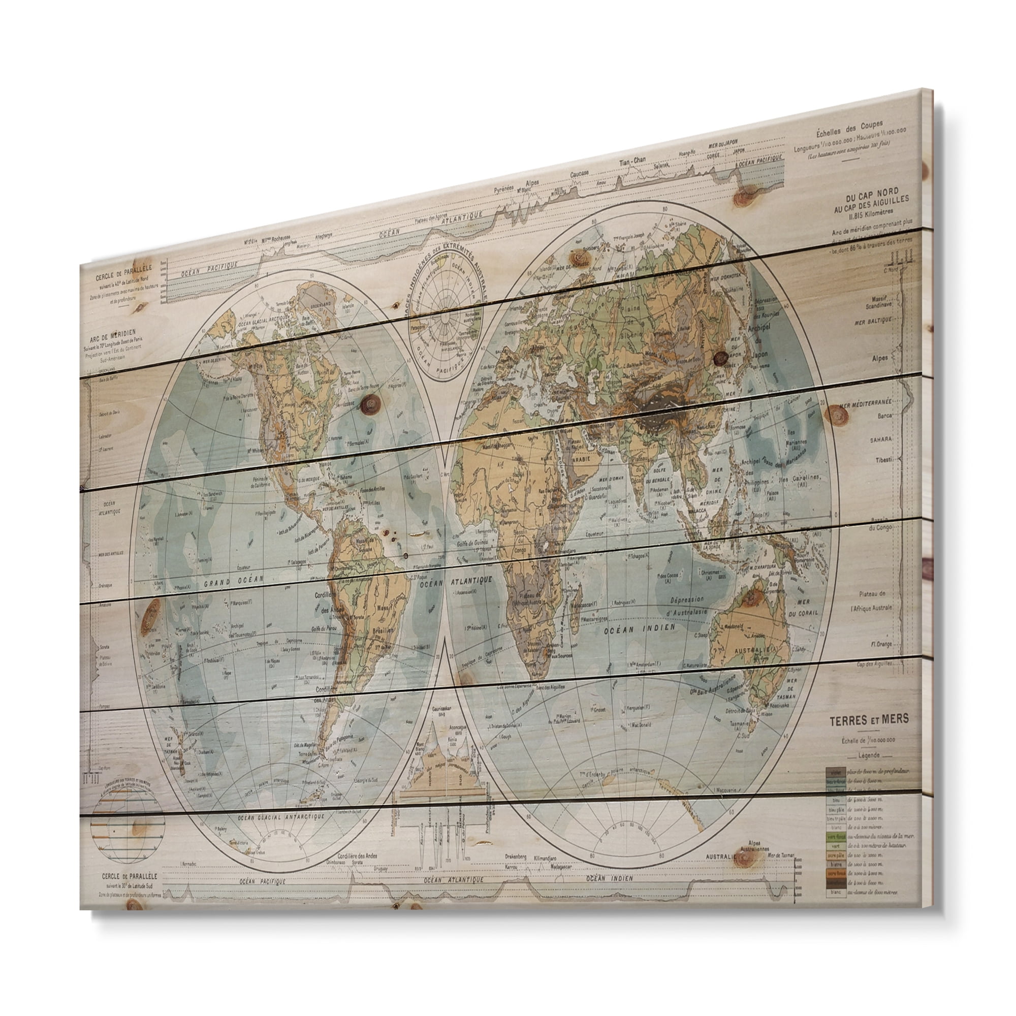 Designart 'Ancient World Map II' Rustic Print on Natural Pine Wood