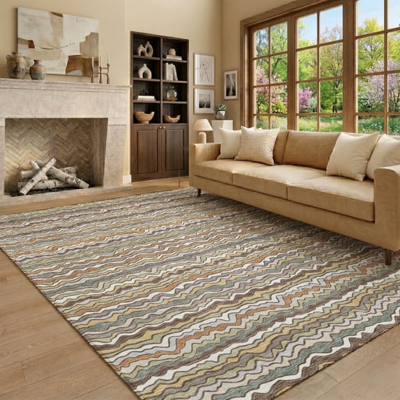 Addison Rugs Mayfield Premium Machine Washable Transitional Stripes Taupe Rectangle Rug, 10' x 14'
