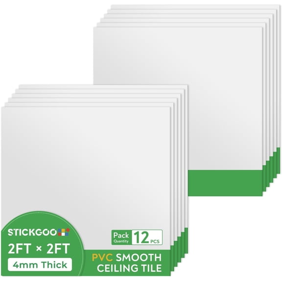 Smooth Drop Ceiling Tiles 2ft x 2ft, PVC Ceiling Tile 24 x 24in - Waterproof, Fire-Rated to Prevent Breakage - Package of 12 Tiles Cover 48 Sq. Ft, White