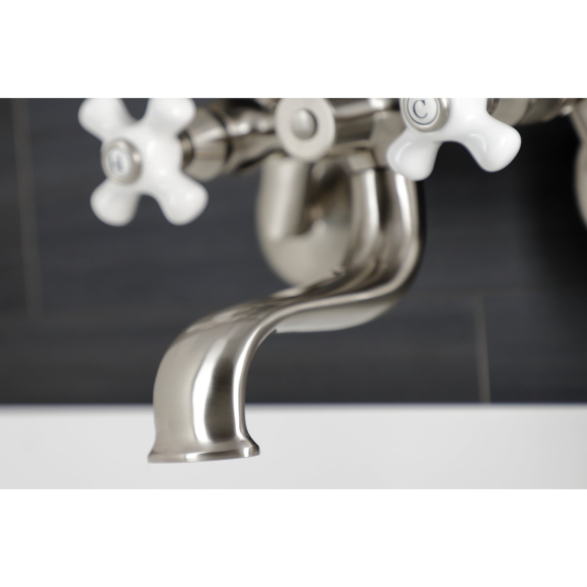 Kingston Brass KS226PXSN Kingston Three-Handle 2-Hole Wall Mount Clawfoot Tub Faucet with Hand Shower in Brushed Nickel
