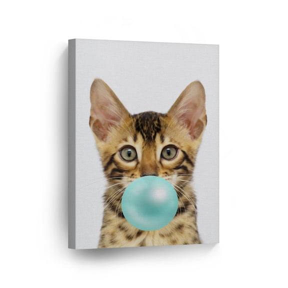 Smile Art Design Portrait of Savannah Cat Kitten Chewing Teal Blue Bubble Gum Canvas Wall Art Print Pet Cat Lover Gift Animal Pop Art Office Living Room Bedroom Kids Baby Nursery Room Decor 40x30