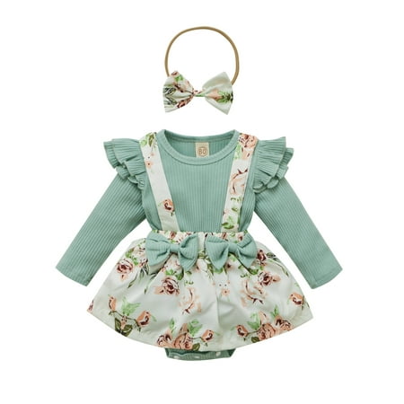 

Sunisery Sweet Baby Girls Clothes Sets 3pcs Ruffles Long Sleeve Romper Tops Flowers Suspender Skirt Headband Green 18-24 Months