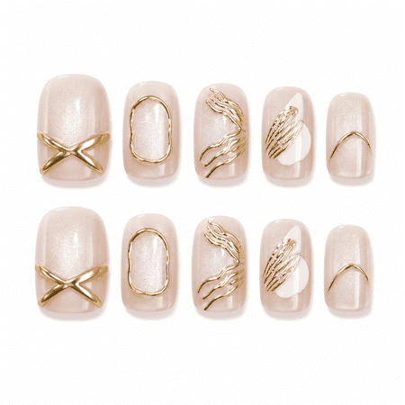 Nude White Gold Line Press on Nails, Short Squoval Cat Eye Glossy False Nails, 30 Count