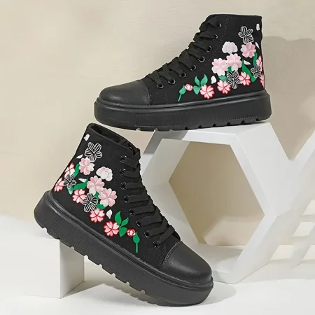 

High Top Thick Bottom Black Canvas Shoes Women‘s Floral Pattern Lace-up Casual Shoes