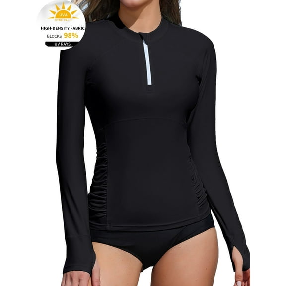 Asoul Women's Zipper Rash Guard Long Sleeve Side Ruched Swim Shirt Sun Protection Swimsuit Tops