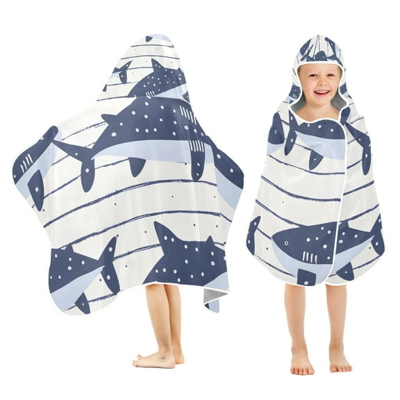 Cartoon Shark on Strips Kids Hooded Beach Towel Baby Bath Poncho Towels with Hood Absorbent 50"x23.5" for Pool Swimming