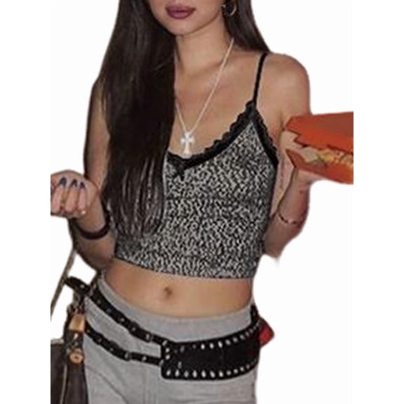 Cute Y2K Lace Trim Camisole Top Women Vintage Streetwear Crop Tank Top Cute Core Clothes Black S
