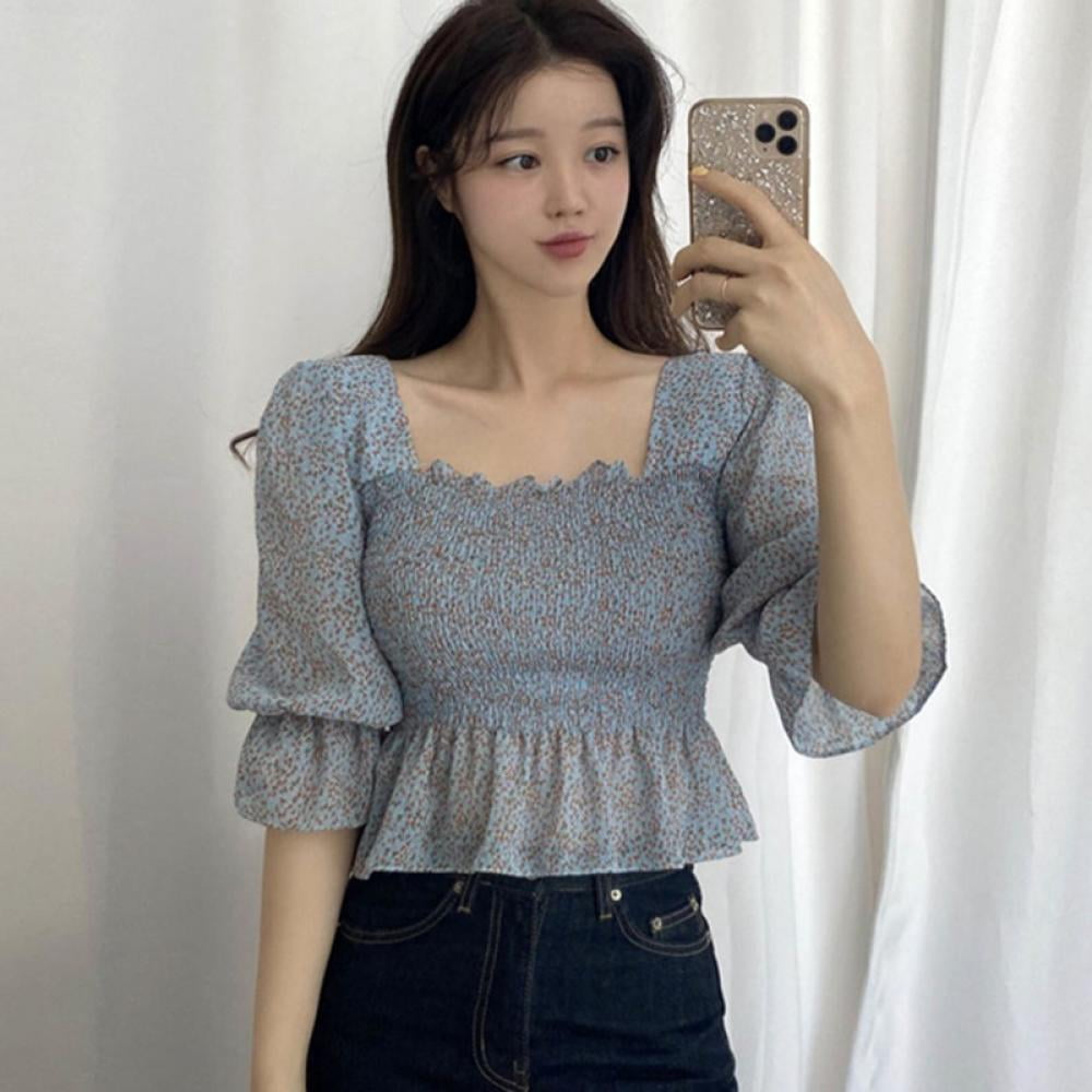 Women's Korean Style Floral Square Neck Sweet Slim Short Chiffon Shirt -  Walmart.com