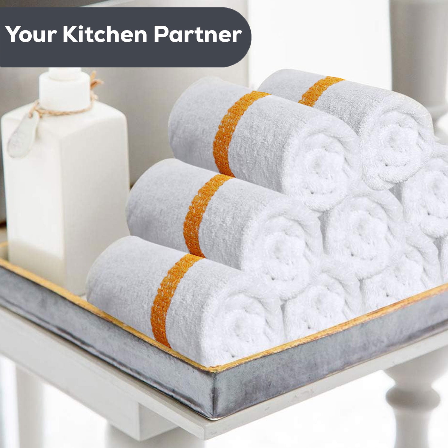 GOLD TEXTILES 36 PC Cotton Blend White Bar Mop Kitchen Towels 32oz Gold Stripe Commercial Use 16"x19"