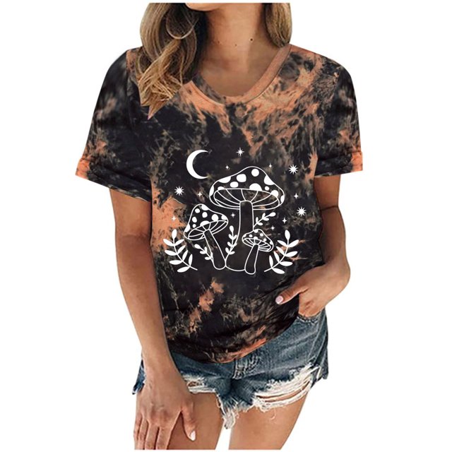 Puntoco Blusa de manga corta con cuello redondo y estampado de corbata suelta para mujer Puntoco Puntoco-6775