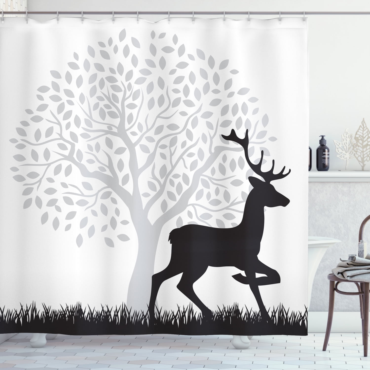 Deer Hunting Shower Curtain, Gracious Wild Animal with Horns Tree