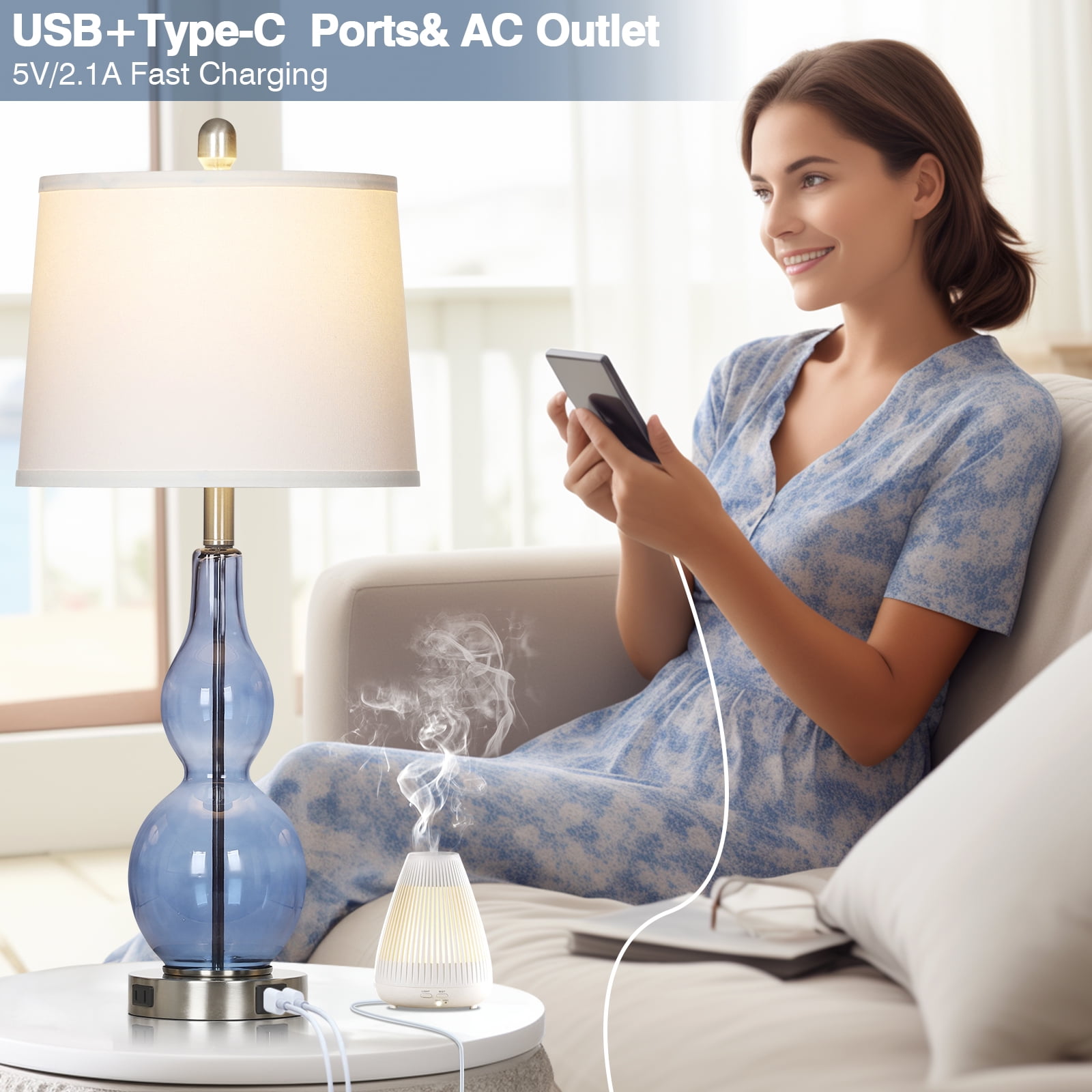 Cinkeda Coastal Table Lamps Set of 2 for Living Room Bedroom 28.5" Nautical Blue Glass Double Gourd 3 Way Dimmable Touch Control Bedside Nightstand Lamp with USB A+C Ports AC Outlet