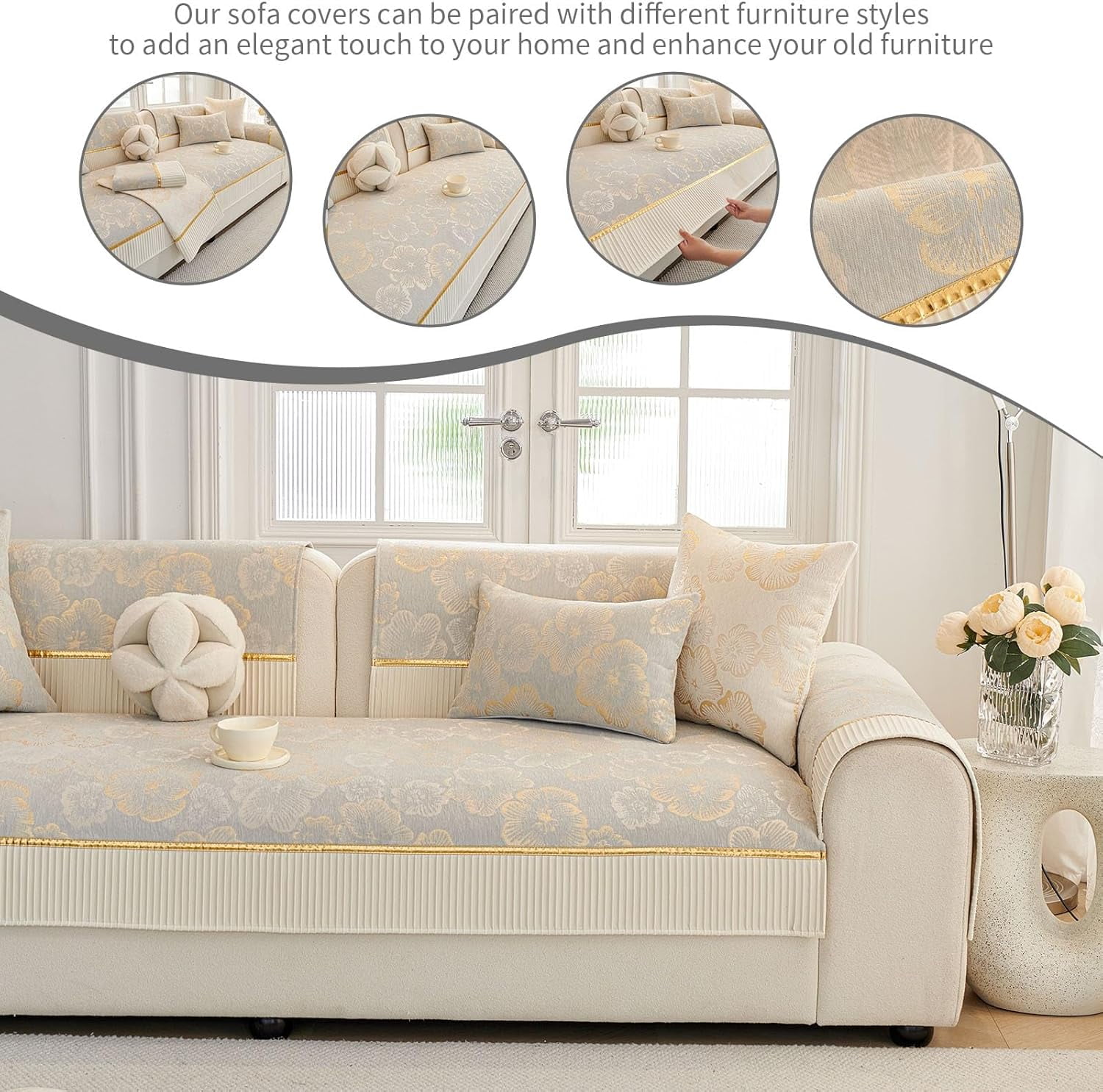 Modern Luxury Elegant Couch Cover, Soft Floral Leaf Chenille Sofa Cover, Non-Slip Washable Fits Various Sectional Sofa, Pet Kid-Friendly Furniture Protector,Gray-1pc 43"x94"