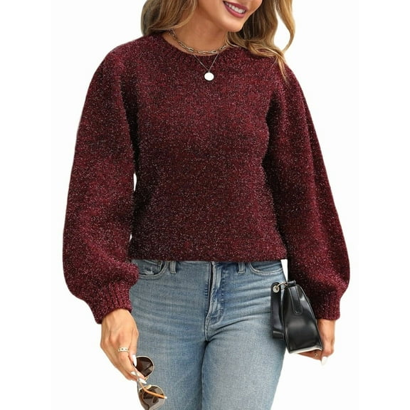 Women'S Glitter Silk Puff Sleeve Sweater Back Tie Long Sleeve Knitted Sweater Wine Red XL