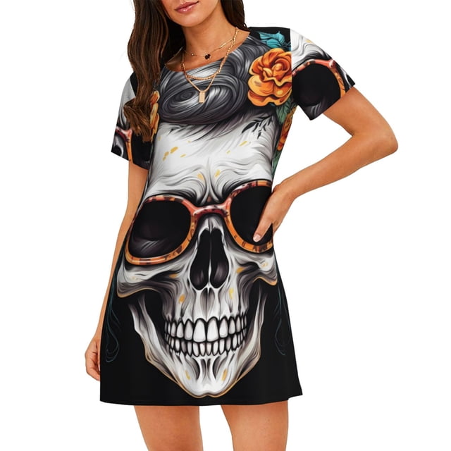 Fotbe Flower Horn Skull A Bata de Dormir para Mujer con Estampado, Camisón de Algodón de Manga Corta, Ropa de Dormir Casual