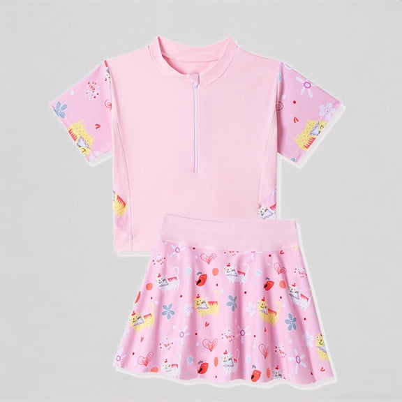 REDARER Girls' 2-Piece Swim Set – Cartoon Print Short-Sleeve Rash Guard Ruffled Skirt Bottoms, Cute Beach Swimwear,2-3 Years