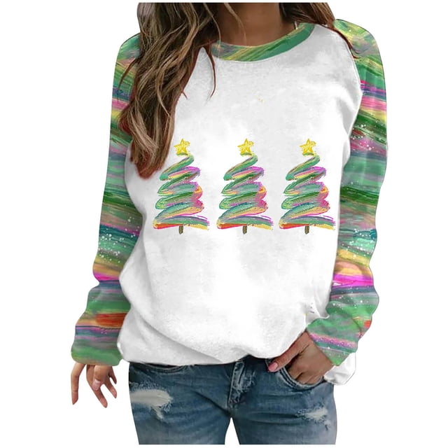 EQWLJWE Chandails en Molleton de Noël pour Femmes Manches Longues Col Rond Chandails en Molleton Pull Arbre de Noël Hauts et Verts Frais Manches Raglan Haut Arbre de Noël Chandails en Molleton pour Femmes Grandes Tailles