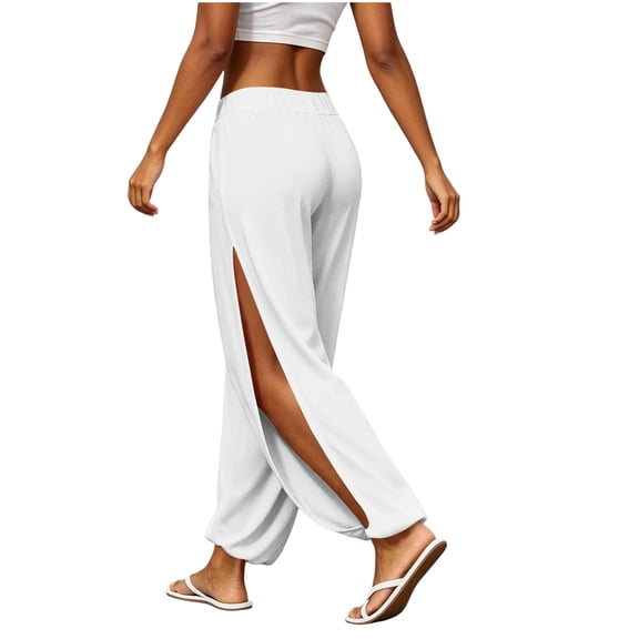 longantii Women's Harem Pants High Waist Hippie Pilates Trousers Durable High Slit Wide Leg Dance Sweatpants Solid Color Flowy Wrap Outfits White L
