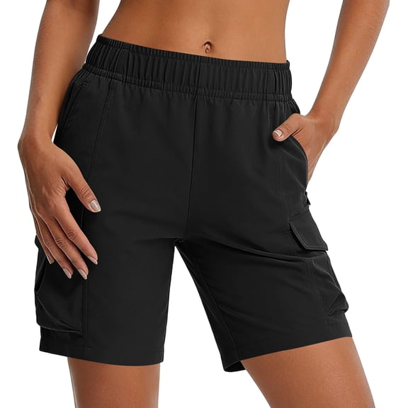 Qgtaibl Women's Cargo Shorts Elastic High Waisted Quick Dry Hiking Shorts with Multi Pockets Loose Fit Lightweight Outdoor Bermuda Shorts Black L