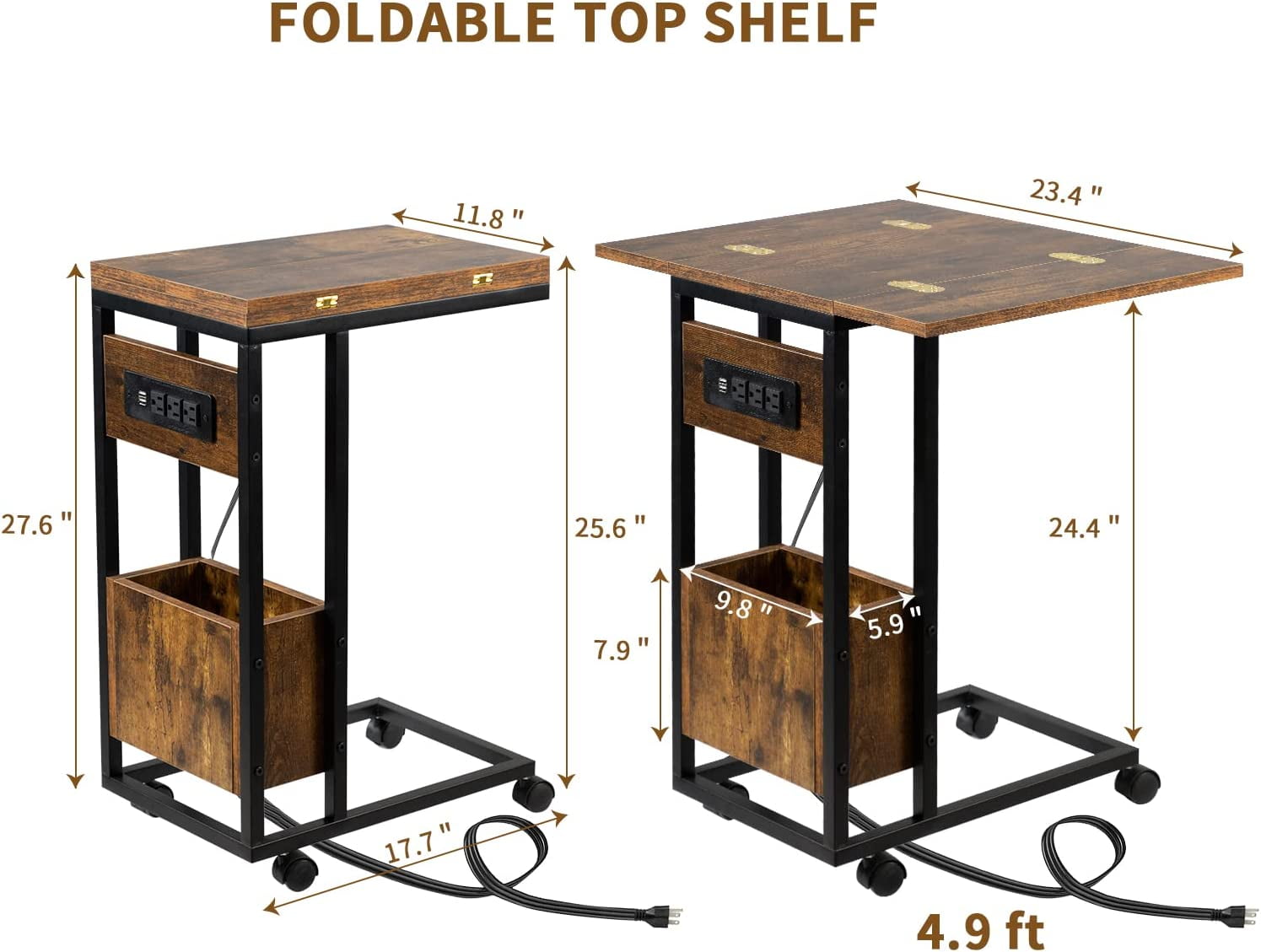 C Table End Table, C Shaped End Table with Charging Station, Rolling