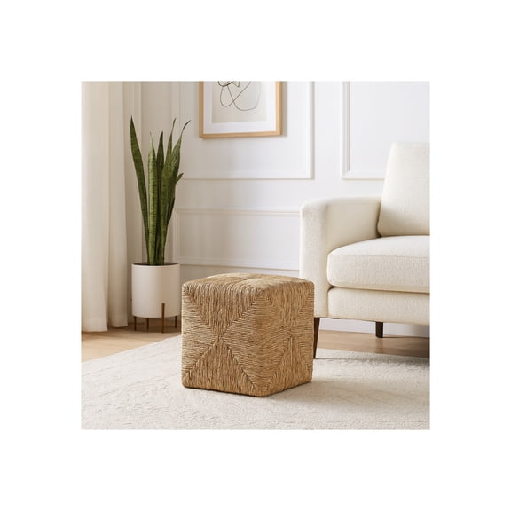 Decorative Square Woven Ottoman for Home Decor - Stylish Rustic Chic Foot Rest Ottoman for Living Room Furniture - Modern Ottoman for Vanity Chair, Bedroom Stool, and Office Decor - 18", Brown & Tan